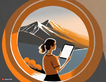 Firefly animated picture in round orange circle. Person caucasian woman waving with ipad, seen from
