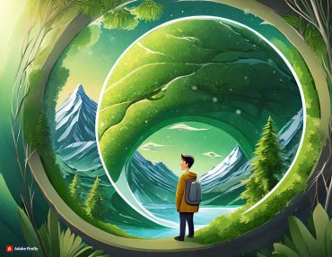 Firefly man inside a green circle, with some green environment, cartoonish, arctic. faced away from