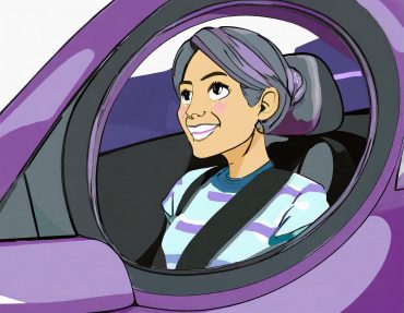 Firefly white adult woman inside a purple circle, cartoonish, close up, sitting in a car, diffuse an